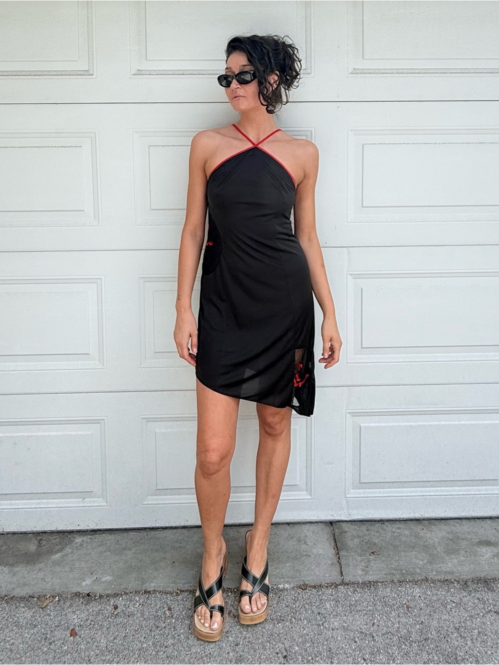 Vintage 80s Black Halter Slip Dress Red Trim and Peek A Boo Inset netting Panels